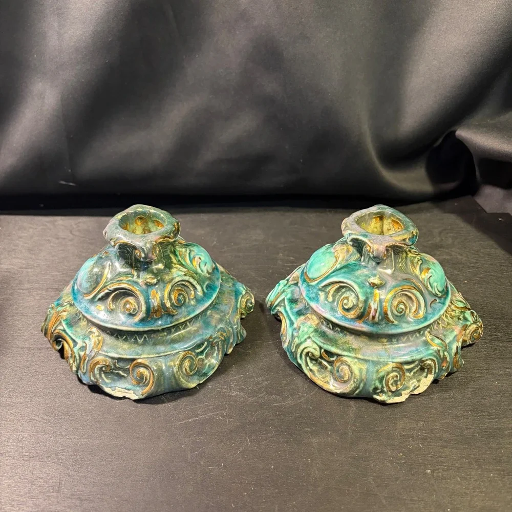 Vintage Teal Gold Iridescent Ceramic Scroll Candlestick Holders Set of 2